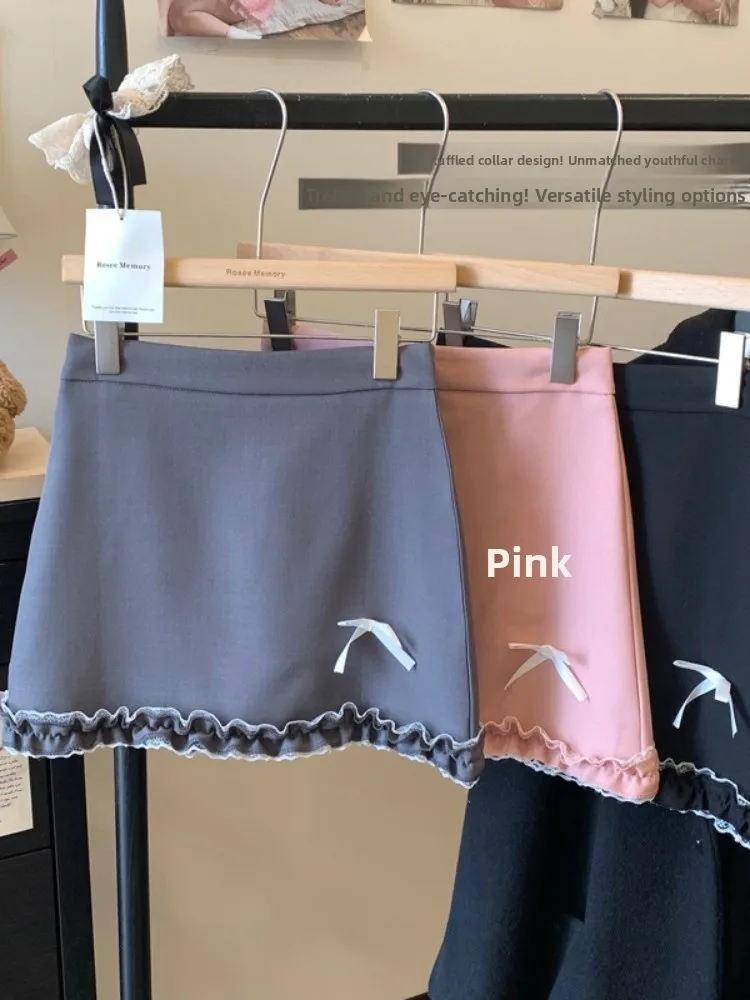 Sweet Spicy  Knot High Waist Woolen  Skirt Women's Spring Autumn Slimming Hip Covering Short A-Line Skirt