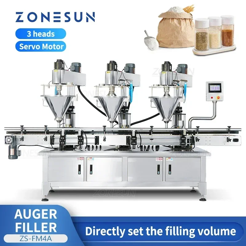 ZONESUN ZS-FM4A Riempitrice servo coclea a 3 teste per farina, latte in polvere, peperoncino, cacao e barattoli di bottiglie di caffè macinato