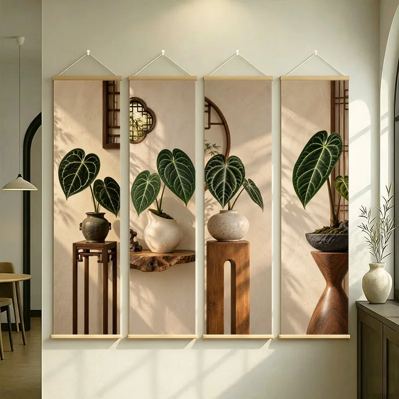 Wall Art Magnificent Anthurium and Veined Anthurium, Calm Wabi-Sabi Silver Shimmer Canvas Hanging Scroll for Reading Nook