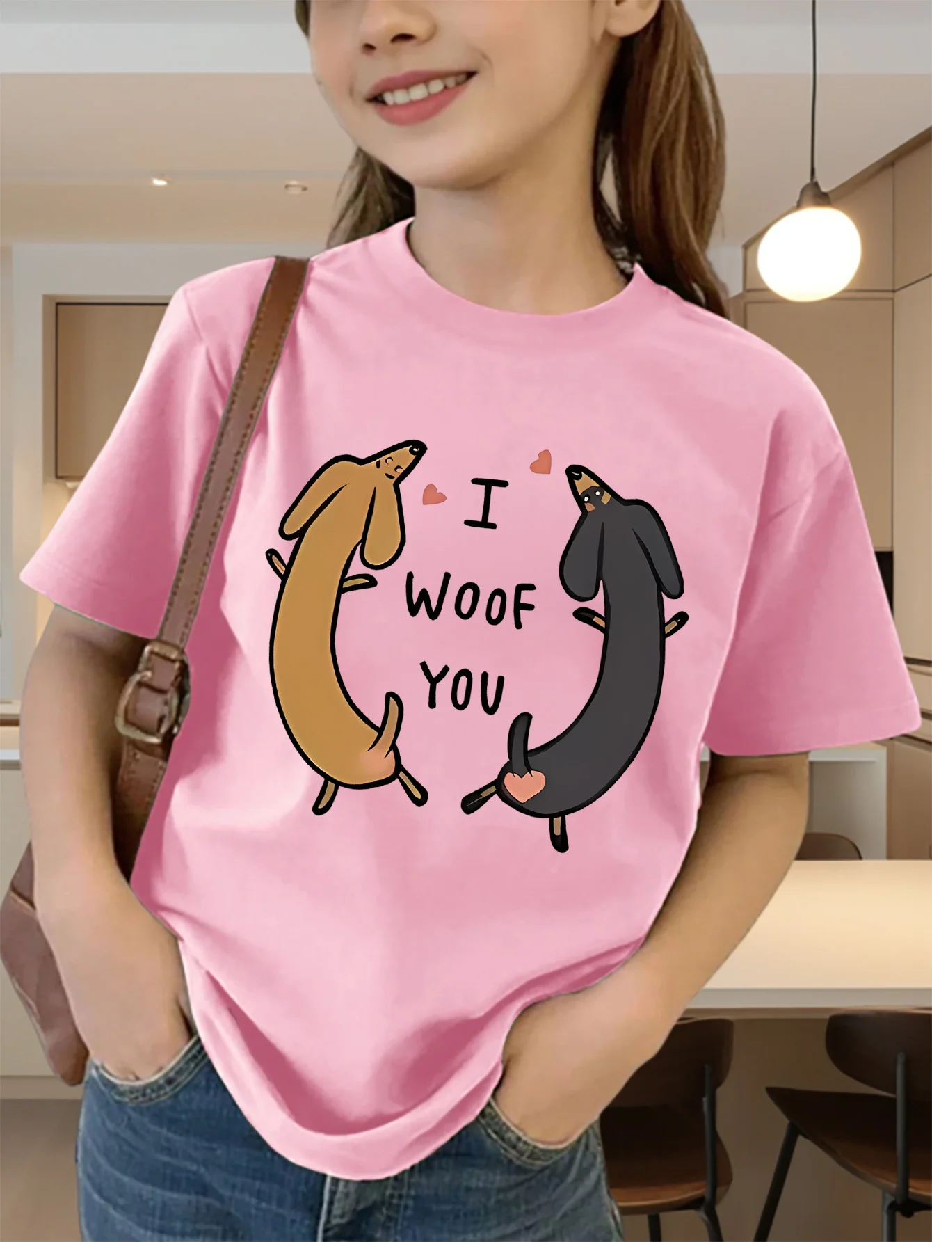 Cute Two Dachshunds Letter Print Graphic Kids Tee Boys Girls Family Matching Cotton Crew Neck Short Sleeve Soft Summer Tee
