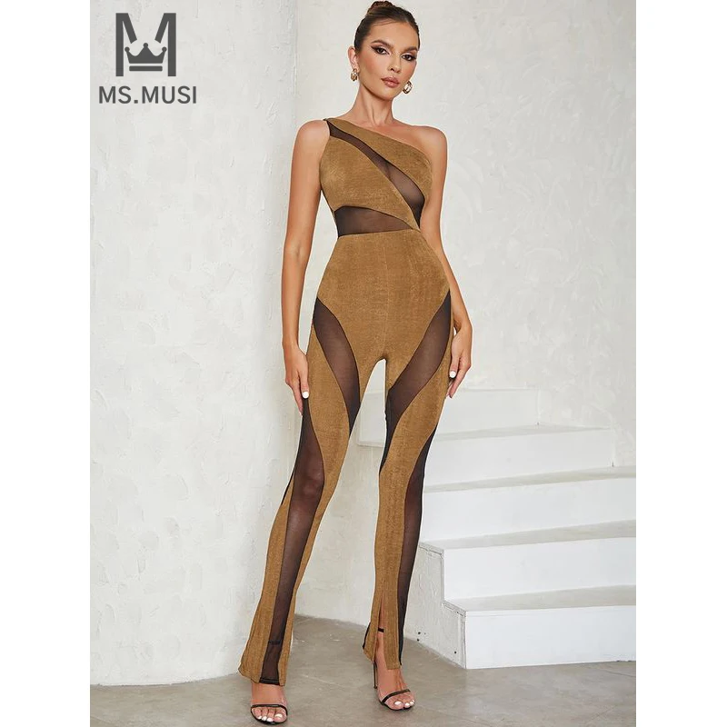 MSMUSI 2025 New Fashion Women Sexy One Shoulder Lace Mesh Hollow Out Sleeveless Backless Bodycon Party Club Slit Pant Jumpsuit