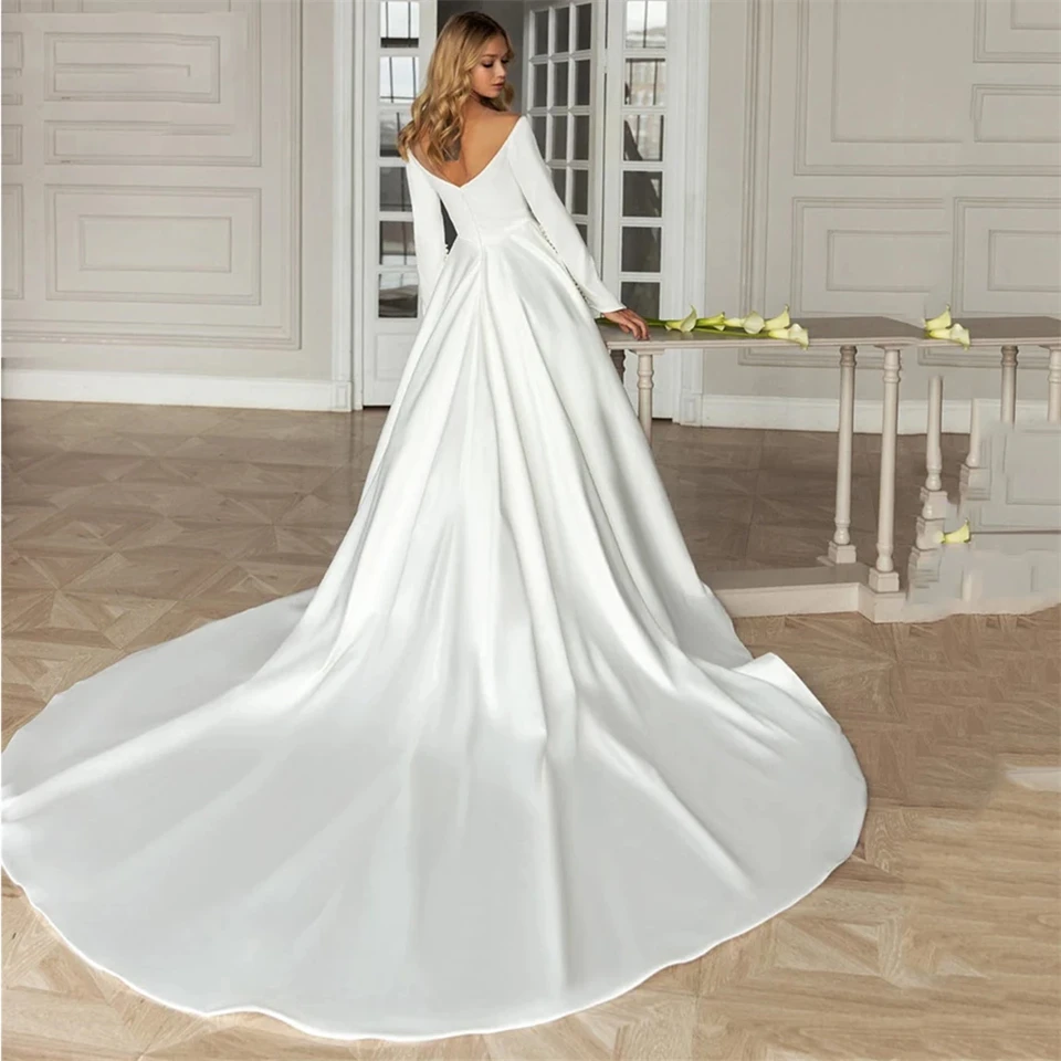 Elegant O-neck Satin Button Simple Wedding Dresses 2024 Full Cap Sleeves A-line Backless Court Train Bridal Gowns For Women