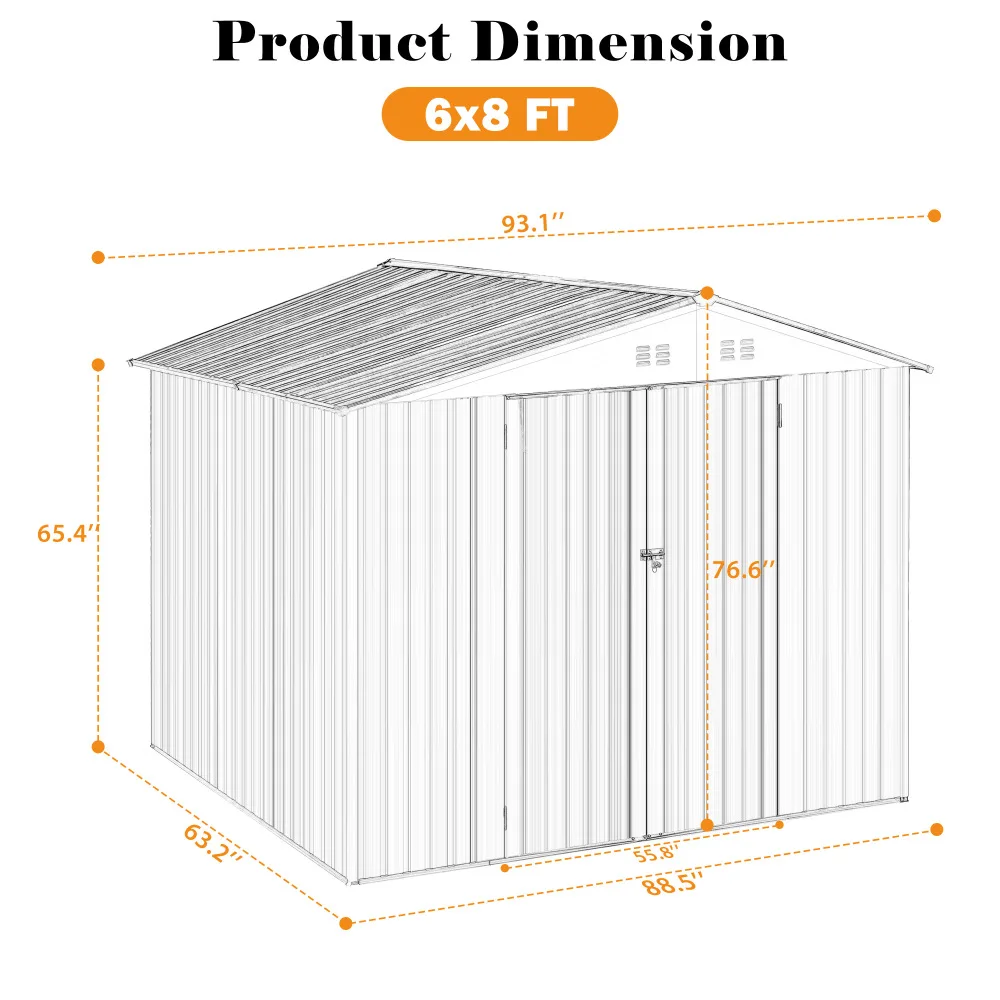 Cobertizos al aire libre de 6 pies x 8 pies y espacio de almacenamiento al aire libre, casa de herramientas de utilidad anticorrosión de metal con puerta bloqueable y rejillas de ventilación de persiana