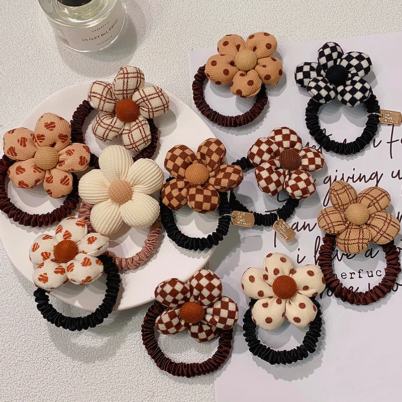 Cute Print Dot Plaid Flower Elastic Hair Bands For Girls Sweet Ponytail Holder Hair Tie Rope Rubber Band Kids Hair Accessories