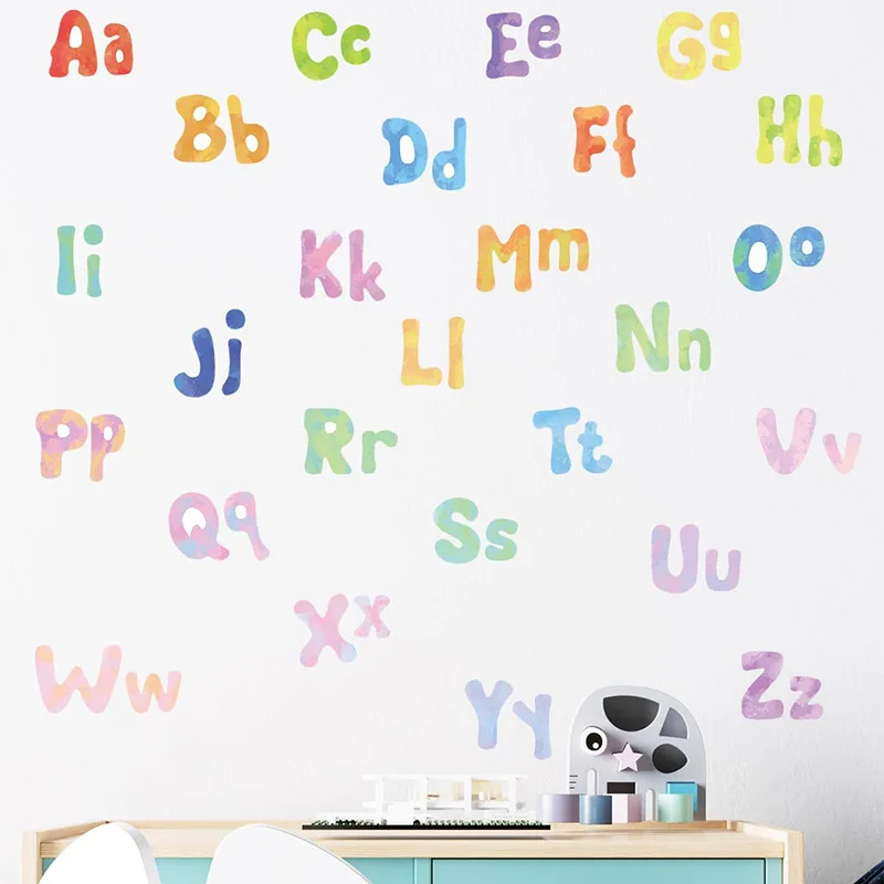 26 English Letters Wall Sticker PVC Self-adhesive Vinyl Murals Watercolor Alphabet Decals Kids Room Kindergarten Nursery Decor