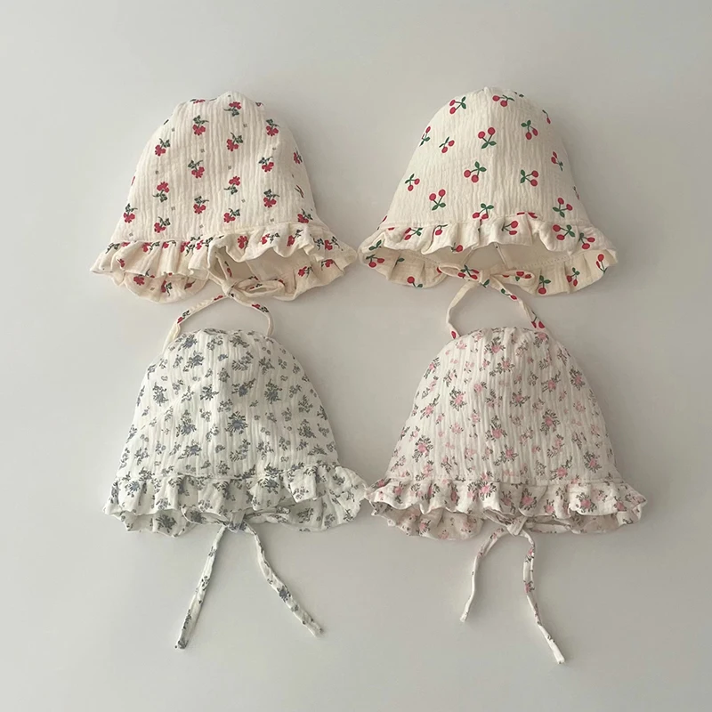 

Korean Print Baby Sun Hat Cute Flower Cherry Infant Girls Princess Cap Spring Autumn Cotton Newborn Ear Protection Caps Bonnet