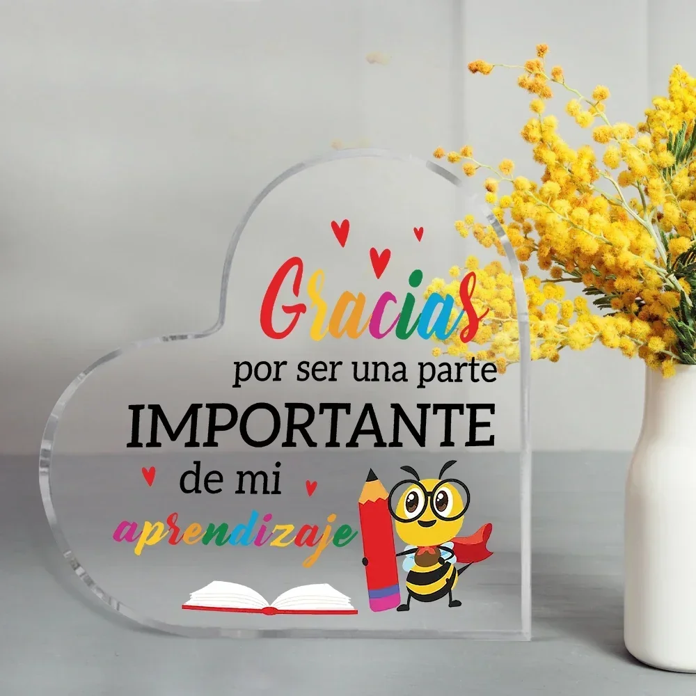 Heart Acrylic Desk Plaque Cute Bee Spanish Appreciation Acrylic Heart Sign, Teacher School Desk Keepsake Gift