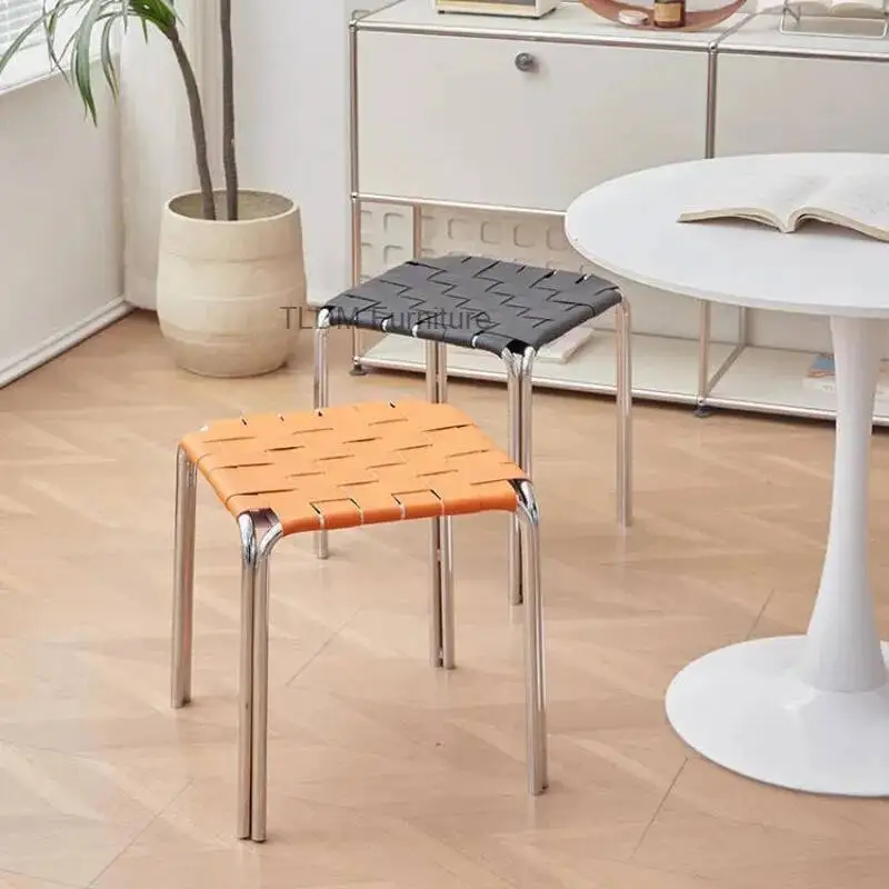 Home Stool, Saddle Leather Woven Dining Stool, Lightweight Luxury Iron Stackable Square Stool for Makeup and Shoe Changing.