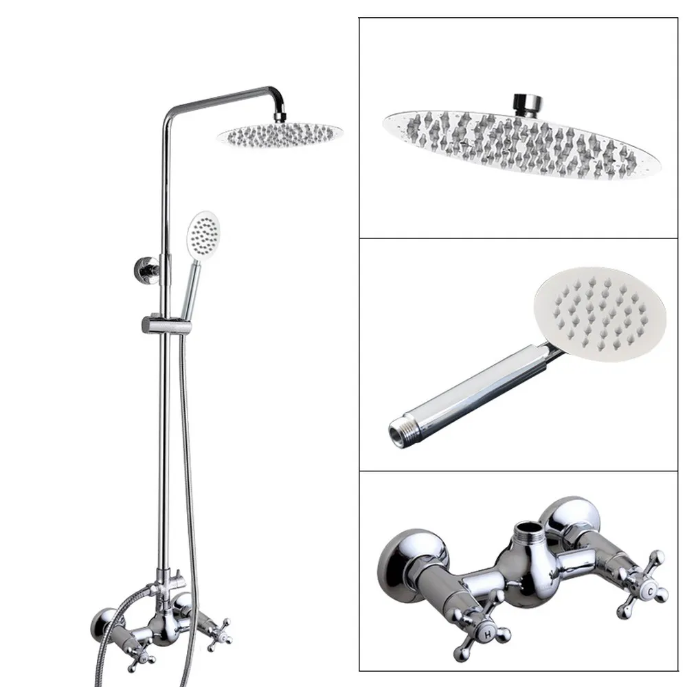 

Wall Mounted 8 inch Round Chrome Rain Shower Faucet Set W/ Rainfall Shower Head Handshower Bath Mixer Tap acy309