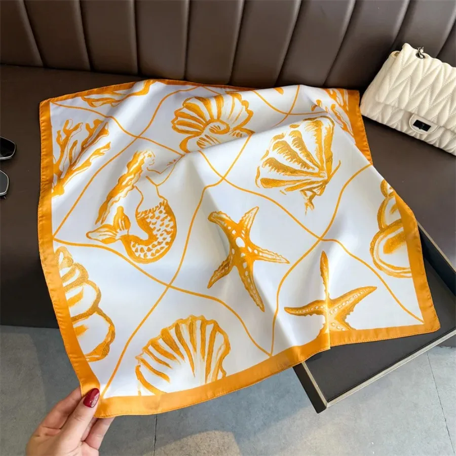 NEW Orange Silk Scarf Mermaid Pattern Neckerchief Women's Luxury Silk Square Shawl Purse Scarf for Women Designer Silk Headscar view 2