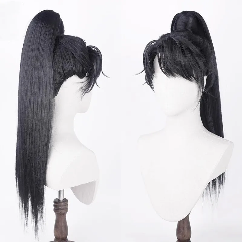 Huo Qubing 이미 스타일링된 코스프레 가발 블랙 롱 코스프레 가발 코스프레 소품 세트 할로윈 파티 공연용