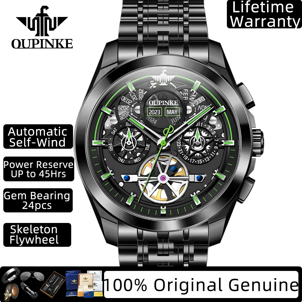 

OUPINKE 3235, роскошные автоматические мужские часы из нержавеющей стали, многофункциональные механические наручные часы со скелетом и маховиком для мужчин
