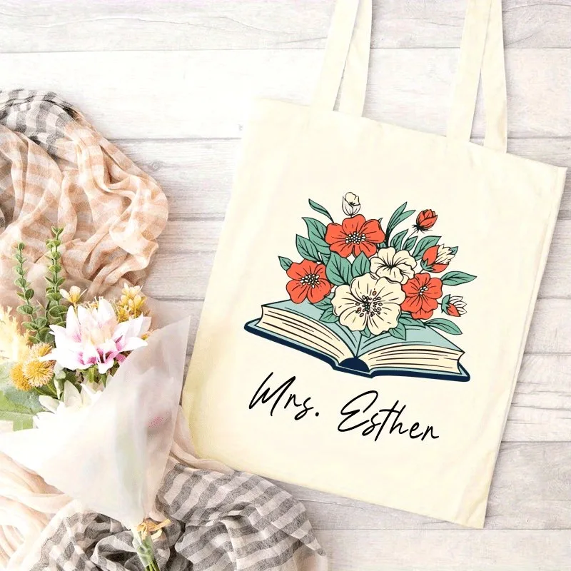 Hand Drawn Personalized Canvas Tote Bag, Flower Open Printed Shoulder Bag, Reusable Shopping Bag, Teacher Gift Bag