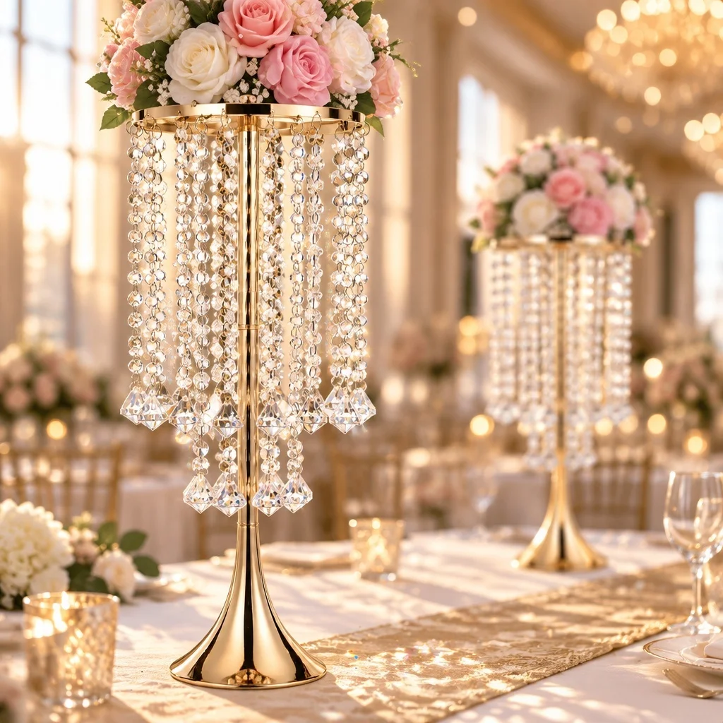 Prism-Draped Gilded Floral Pedestal, Tall Table Centerpiece Holder, Stable Flared Base for Wedding Feast, Gala & Event Table Sty