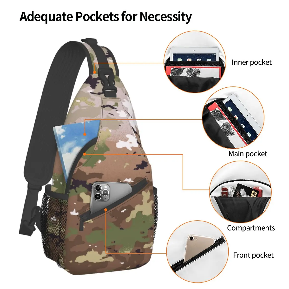 OCP Army Camouflage Small Sling Bag Chest Crossbody Shoulder Sling Backpack Outdoor Hiking Daypacks Camo Casual Bag