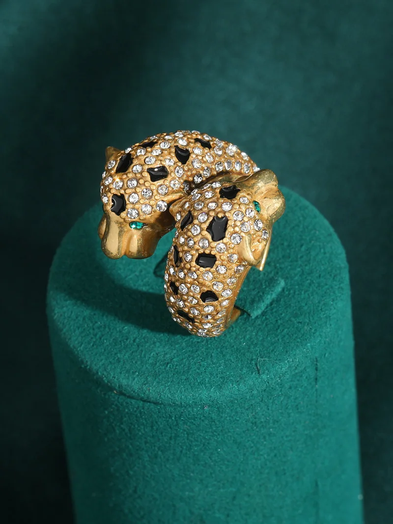 Vintage Antik-Goldfarbener Leoparden-Ring mit Strass, Luxus-Markenqualität, Schmuck für Damen, Party, Offener Retro-Hochzeitsschmuck