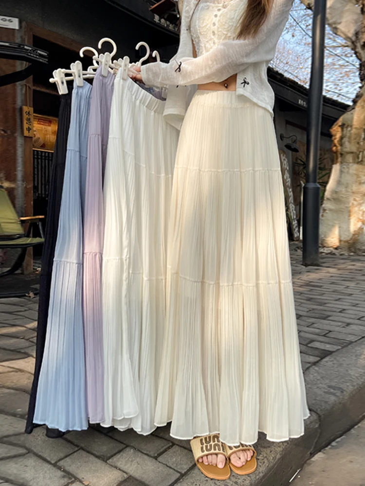 

Summer 2026 New High Waist A-Line Midi Skirt Women's Chiffon Pleated Drapey Slimming Skirt Korean Style Pure Color Commute