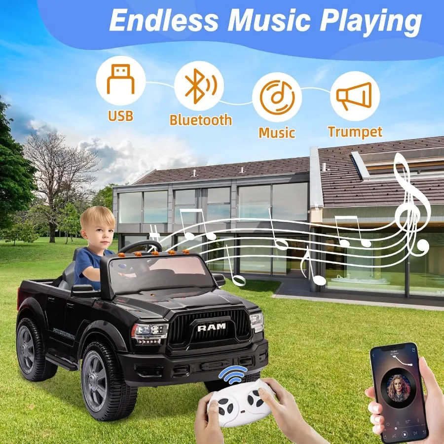 12V 電動乗用玩具（4～8歳向け）ライセンス取得済み Ram 2500 電動カー、リモコン付き、LEDライト/音楽/MP3、後部収納とカップホルダー付き