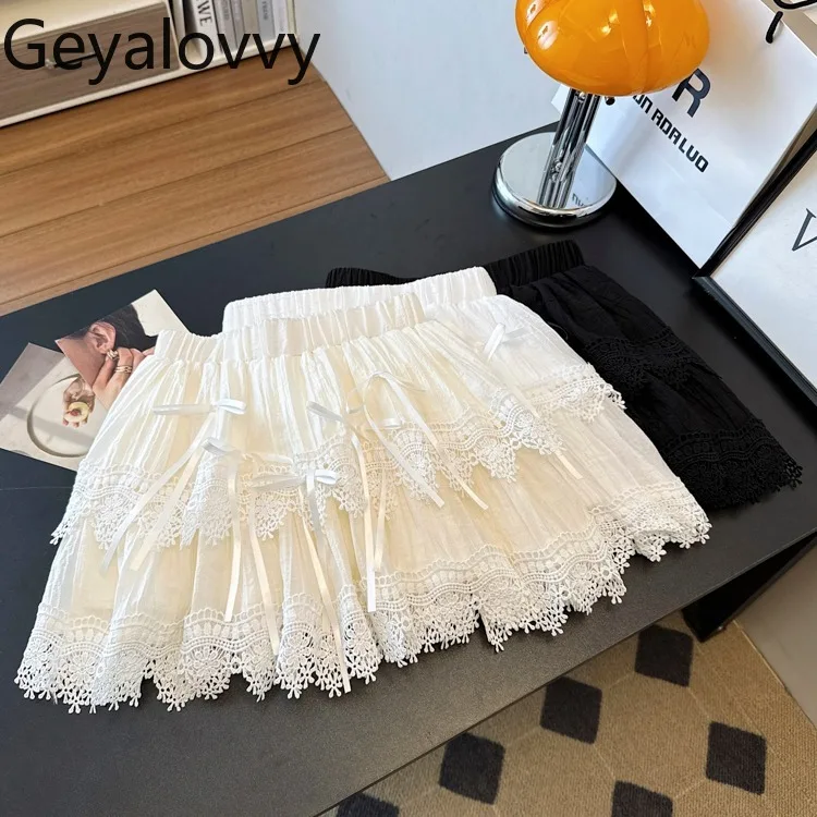 

Drawstring Lace-up Elastic High-waisted Black Casual Skirts for Women 2025 Summer New Korean Style Lace A- Line Short Skirt
