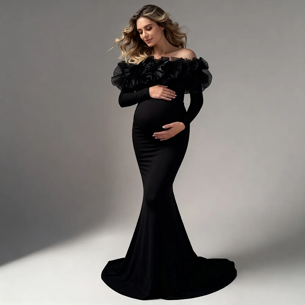 

Платье для беременных для фотосессии, черное, с открытыми плечами, с рюшами, сетчатое, с длинными рукавами, одежда для беременных, платье для вечеринки в честь рождения ребенка, женское YW647D