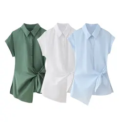 Tangada 2024 Women Green Cotton Wrap Shirt Short Sleeve Turn Down Collar Female Tops CE024