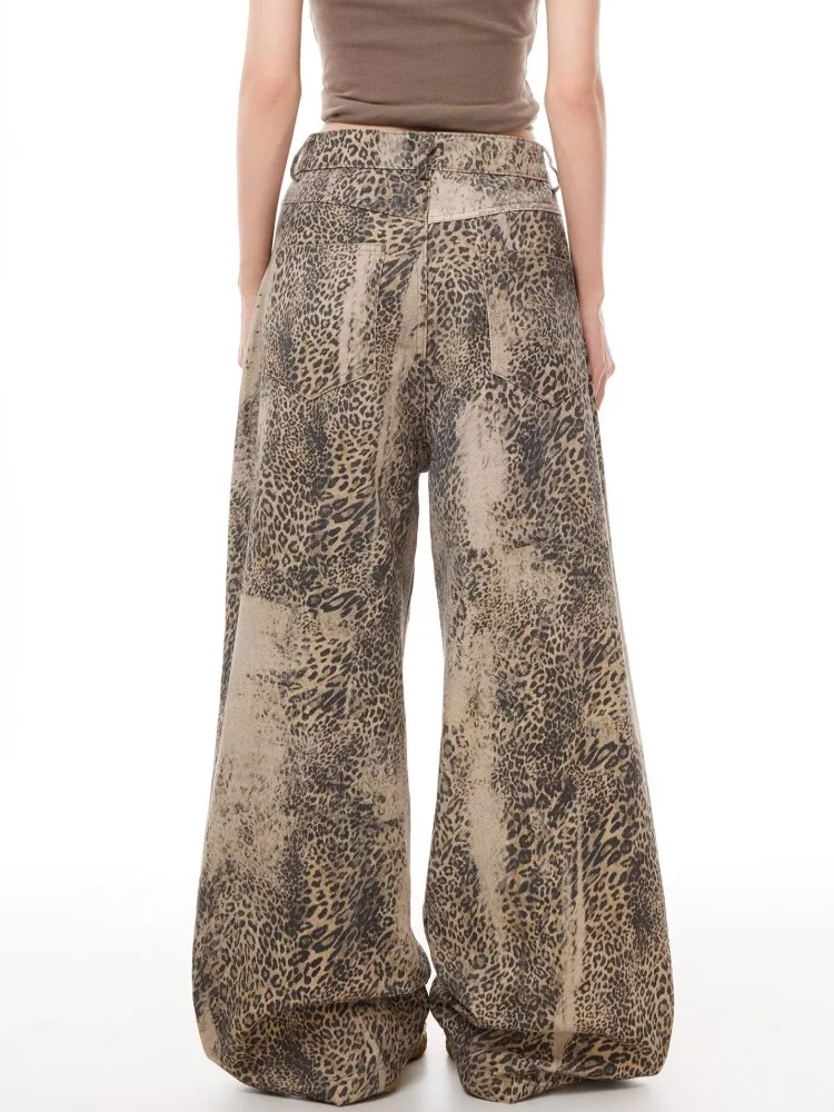 2026 Trend Y2K Style Vintage Washed Leopard Baggy Women's Jeans Pants For Woman Clothing Wide Leg Streetwear Loose Long Trousers