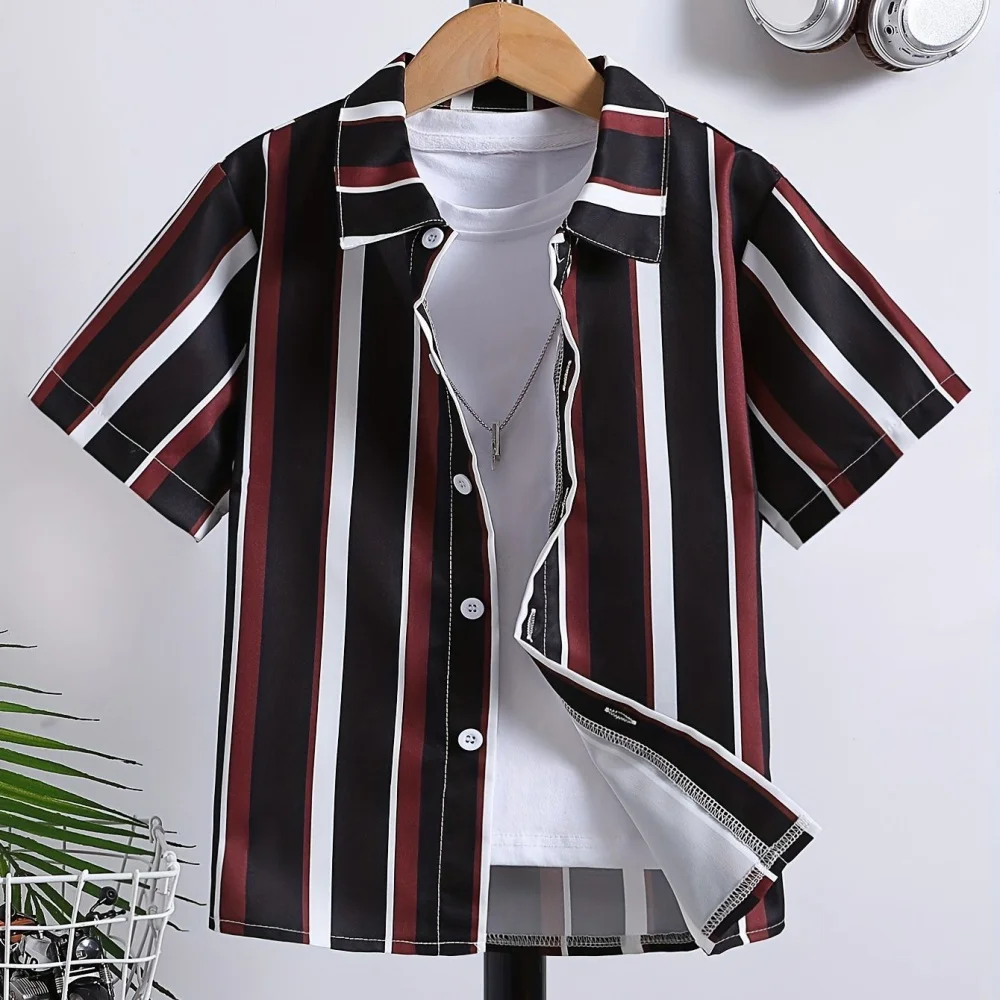 Camisa para niños, camisas de verano con estampado 3D de rayas blancas y negras, Tops informales con solapa a la moda, ropa cómoda de calle para niños