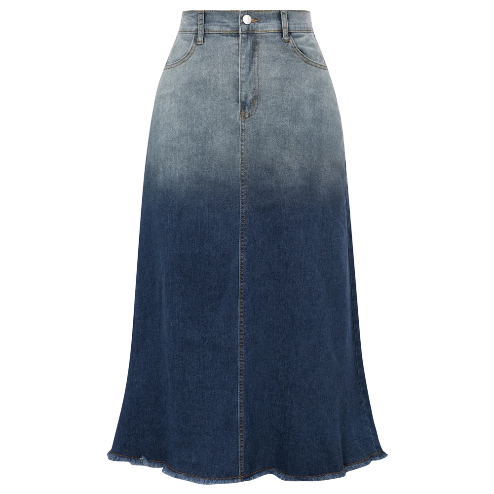 

BP Women Gradient Skirt Fashion Vintage Multi-Pocket Jean Skirt Elastic High Waist Raw Hem Midi A-Line Skirt Ropa De Mujer