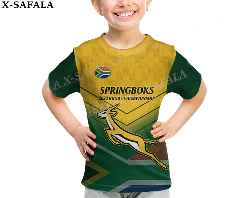 Bandera del país de Sudáfrica Springboks niños tamaño niños impresión 3D camiseta de fibra de malla verano hombres ropa de calle pantalones cortos manga Sport-1