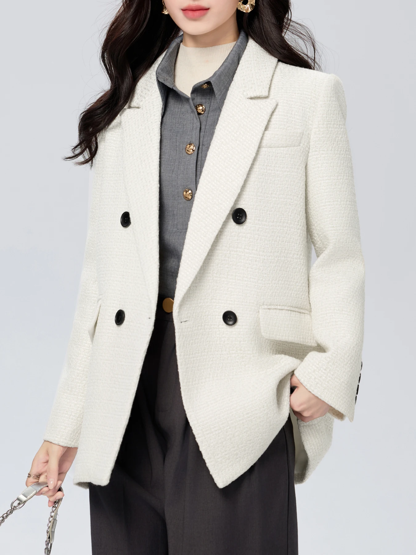 ウール混紡無地ピークドラペルブレザーダブルブレストルーズ長袖スリムプロフェッショナル万能スーツジャケット