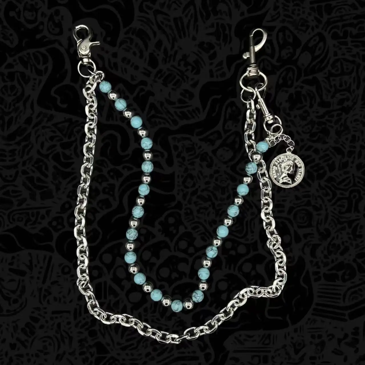 Blue Background With Black Patterns, Turquoise Handmade Beaded Jeans Chain, Vintage Street Style Detachable Single-Sided DIY