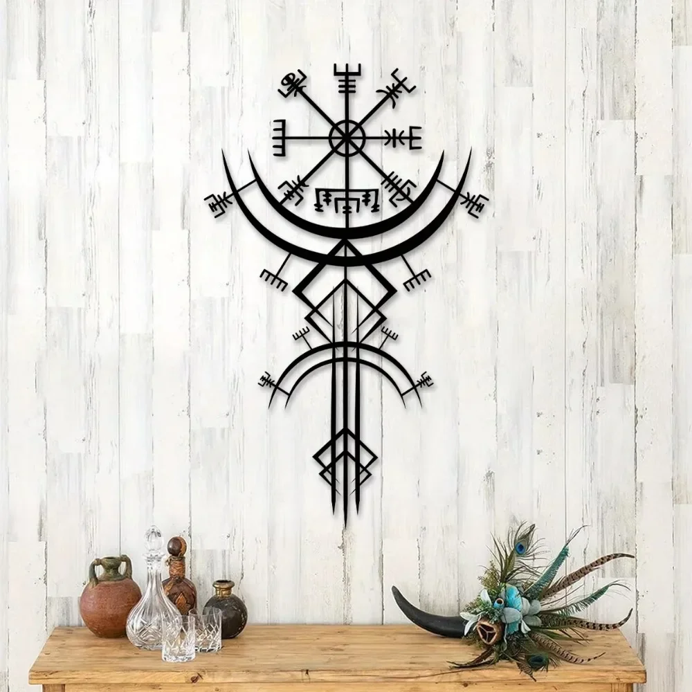 Arte de Parede em Metal WJD22 16 Polegadas Decoração Rústica Nórdica com Tema de Mitologia Decoração para Casa Design de Runas Complexas