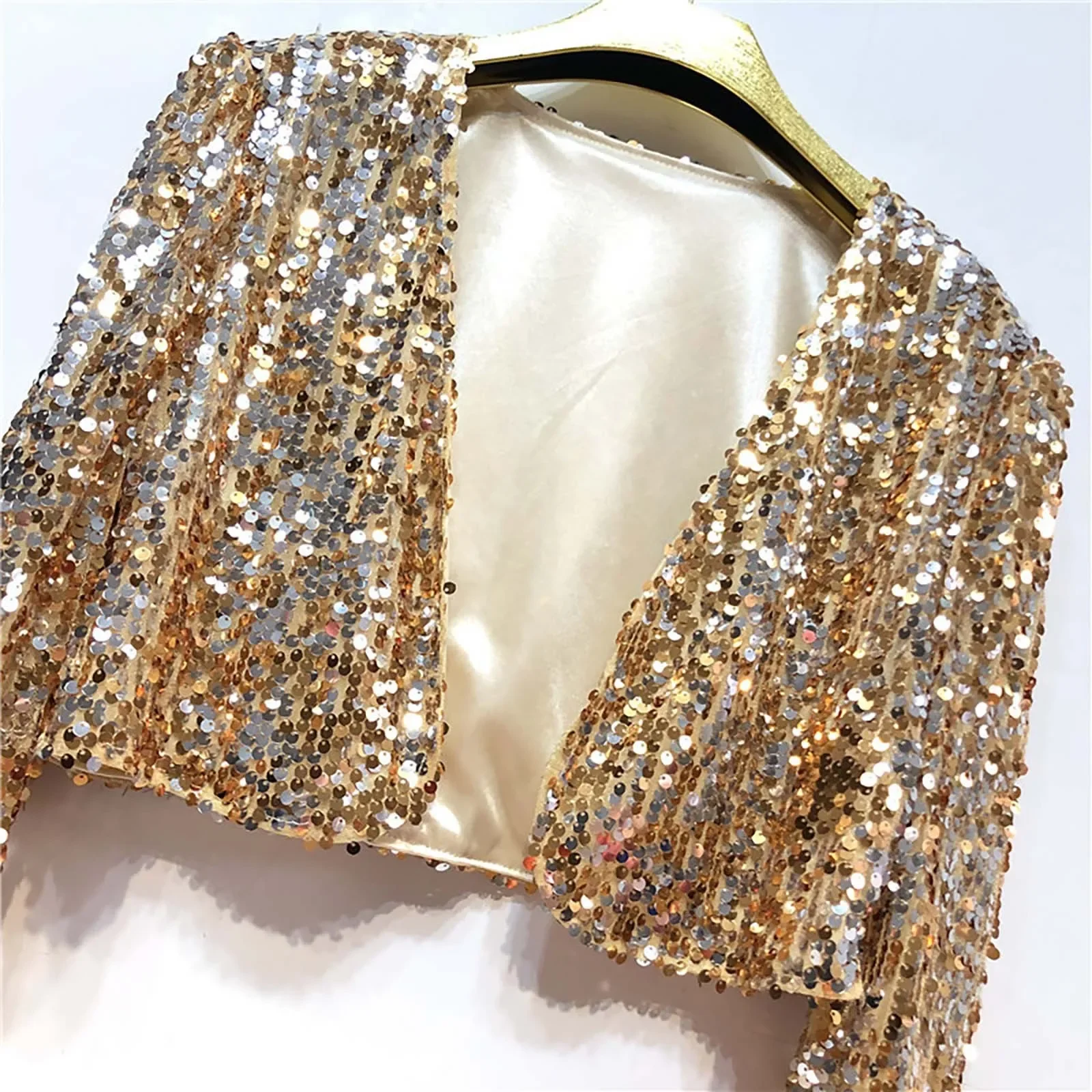 Women Coat Shining Sequined Long Sleeve Cropped Length Open Front Bolero Shrug Sequin Cardigan Short Jacket