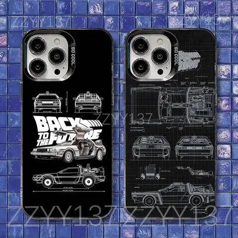 B-Back To The Future Delorean Schematic Phone Case For iPhone 16,15,14,13,12,11,8,7,Pro,Max,Plus,Mini,XS,SE Black Matte Cover