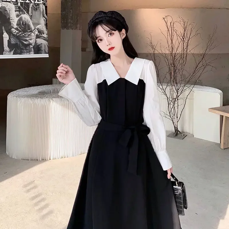 Preppy Style Dresses Women Loose Sweet  French Vintage Designed Fake Two Pieces Clean Girls A-line Turn-down Collar Chic