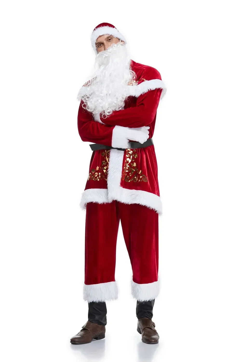 Kerst Kerstman Pak Volwassen Kerst Cosplay Kostuum Rood Deluxe Fluwelen Fancy 7-delige Set Kerstfeest Man Kostuum S-XXL