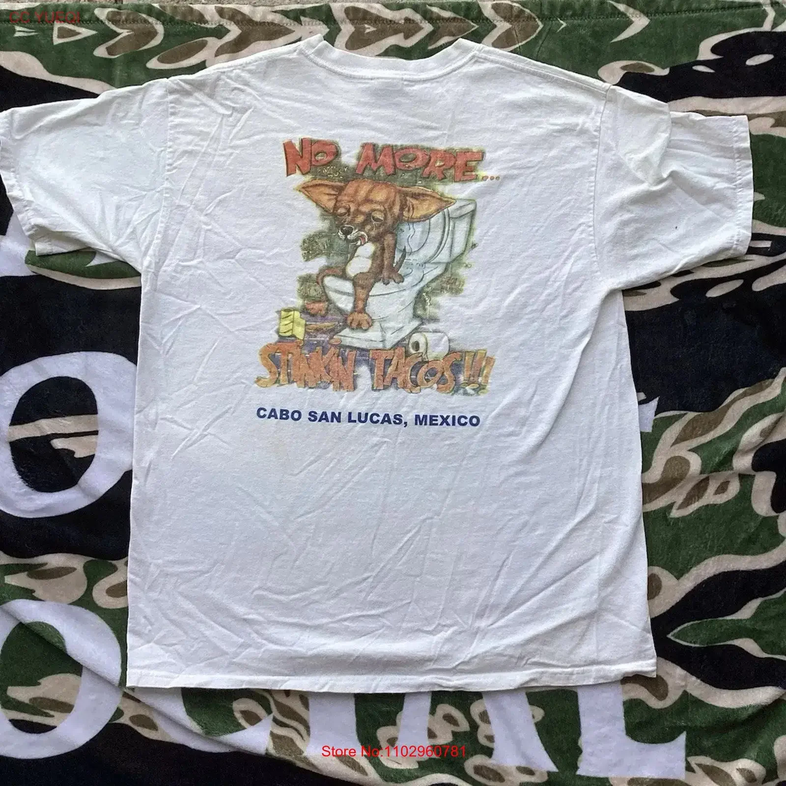 Camiseta vintage de los años 90 con estampado de tacos sin olor, Cabo San Lucas, México, para vacaciones turísticas, estilo vintage, lavada, a la moda, cómoda, ligeramente desgastada.
