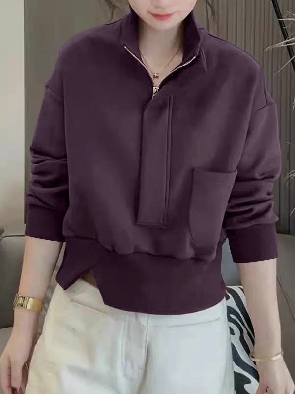 Felpa con Cappuccio Taglie Forti con Zip, Collo Alto, Moda Autunno Inverno, Top Ampio e Snellente, Stile Coreano