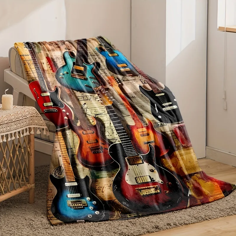 1 Stück Flanell-Überwurfdecke im Vintage-Stil mit Gitarren- und Musiknoten – weicher, gemütlicher Ganzjahreskomfort für Schlafsofa oder Büro