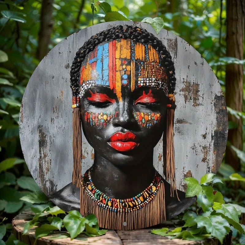 

African Woman Theme Round Aluminum Metal Sign, 2D Flat Print, for Home Decor, Party Decoration, Valentine'S Day & Holiday Gift