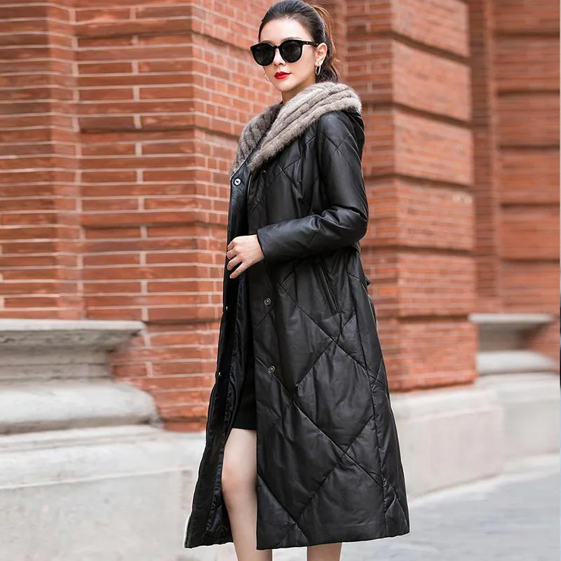 

Women's Leather Down Jacket, Hooded, Lace Up, Warm Long Coat, Mink Fur Collar, Sheepskin Coat, Genuine Leather, Winter