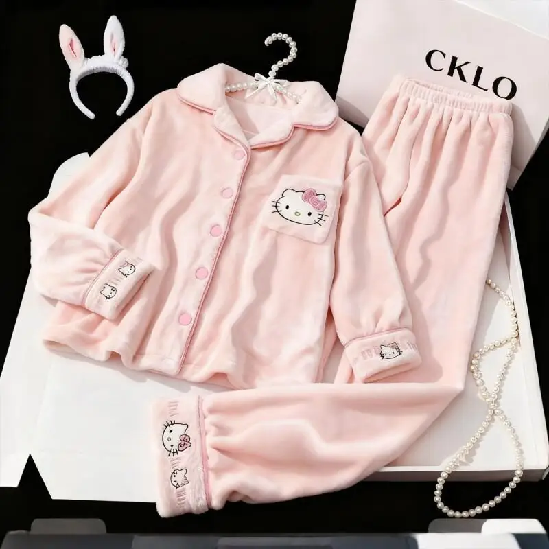 

Sanrio Kuromi Hello Kitty New Pajamas Set Winter Thickened Warm Fleece Flannel Cartoon for Girls Big Children Homewear Sleepwear