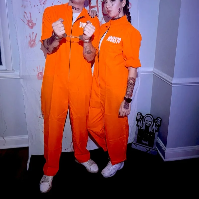 

Костюм заключенного на Хэллоуин для взрослых, комбинезон с длинными рукавами и воротником-стойкой, классический костюм заключенного