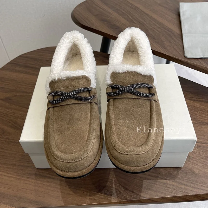 Walking Shoes Round Toe String Bead Decor Plush Lining Loafers Women Spring Autumn Cow Suede Retro Flat Bottom Single Shoes