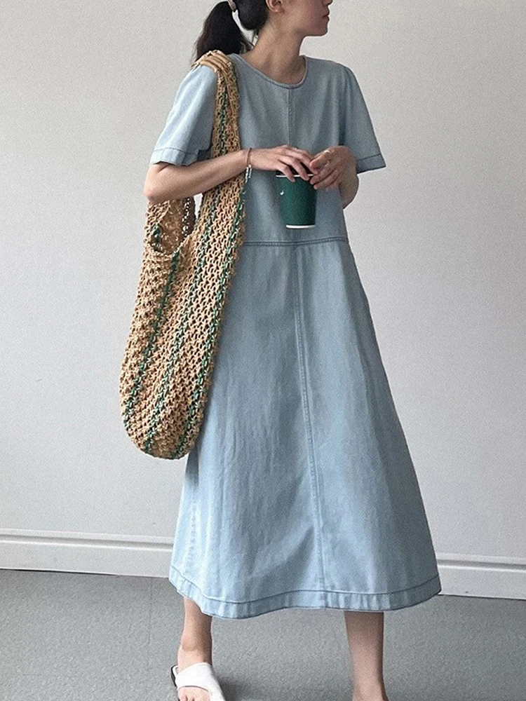 Vestido de Jeans com Decote Redondo e Manga Curta, Estilo Coreano, Vestido de Verão Faionável para Mulheres, Saia Longa em ...