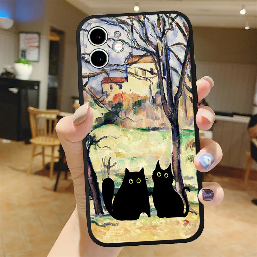 Retro Oil Painting Van-Gogh Black Cat Phone Case for iPhone 15 14 13 12 11 Pro Max Mini 7 8 Plus SE X XS XR Silicone Art Covers