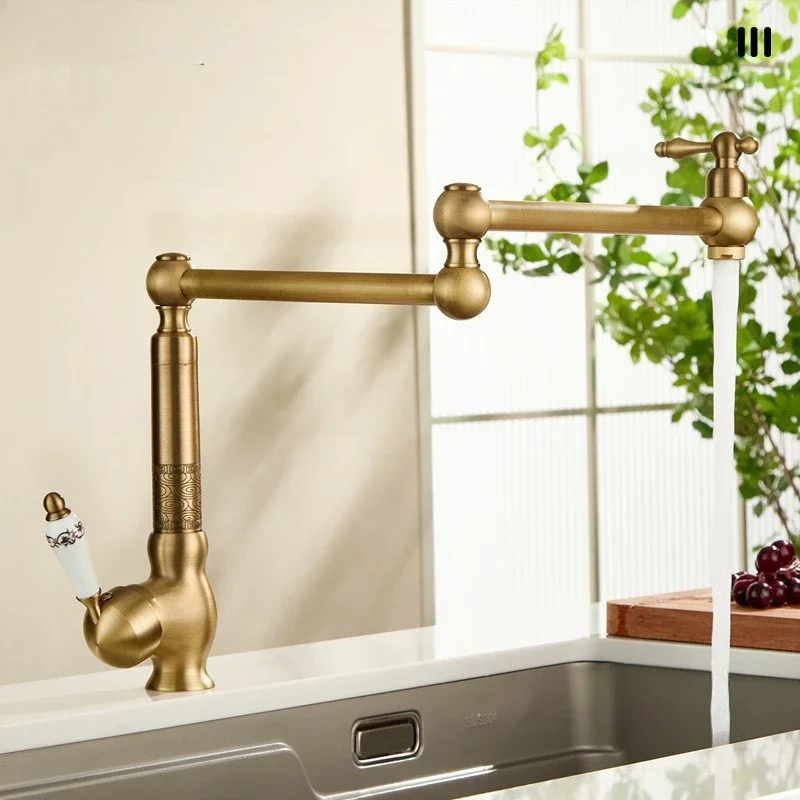 French Vintage Brass Kitchen Mixer Tap for Domestic Use Extended Swivel Folding Spout for Sink Basin Hot and Cold Water Supply