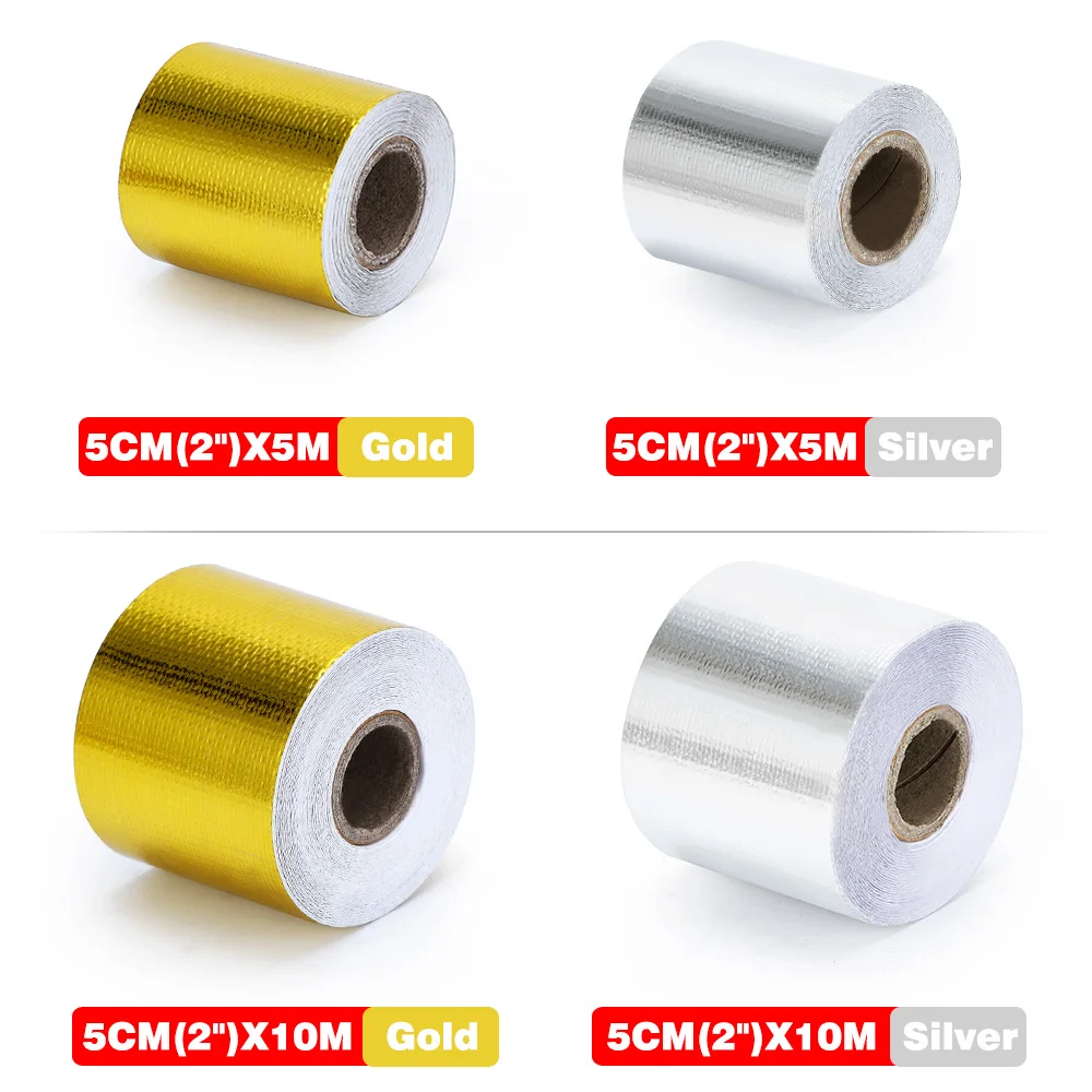 A Gold 2'' Thermal exhaust Tape Air Intake Heat Insulation Shield Wrap Reflective Heat Barrier Self Adhesive Engine 2 Inch 5/10M