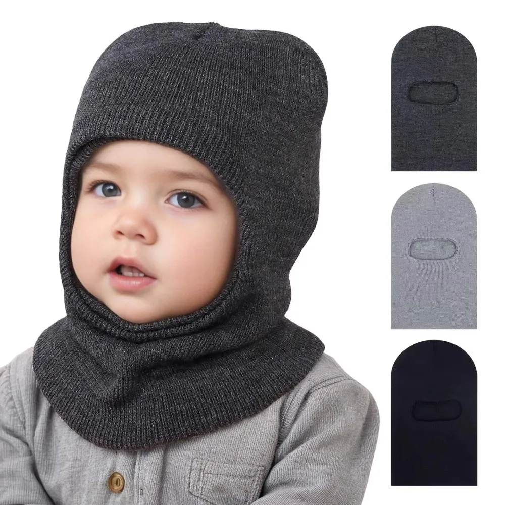 Cute Solid Color Kids Integrated Scarf Cap Warm Knitted Baby Hooded Beanie Neck Protection Windproof Baby Balaclava Hat Winter