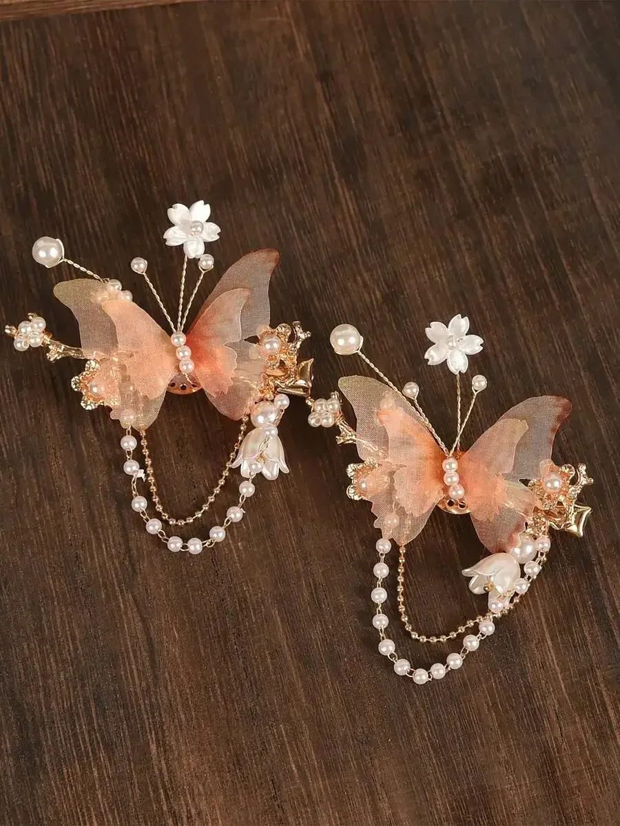 

2pcs Handmade Fabric Butterfly Hair Clips For Women Elegant Pearl Decorated Barrettes Party Hair Accessories